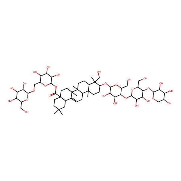 2D Structure of [3,4,5-Trihydroxy-6-[[3,4,5-trihydroxy-6-(hydroxymethyl)oxan-2-yl]oxymethyl]oxan-2-yl] 10-[5-[3,4-dihydroxy-6-(hydroxymethyl)-5-(3,4,5-trihydroxyoxan-2-yl)oxyoxan-2-yl]oxy-3,4-dihydroxy-6-(hydroxymethyl)oxan-2-yl]oxy-9-(hydroxymethyl)-2,2,6a,6b,9,12a-hexamethyl-1,3,4,5,6,6a,7,8,8a,10,11,12,13,14b-tetradecahydropicene-4a-carboxylate