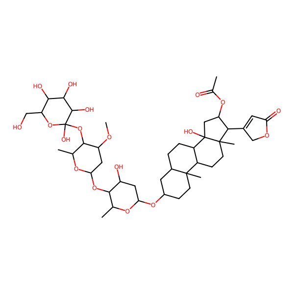 2D Structure of [(3S,5R,10S,13R,14S,16S,17R)-14-hydroxy-3-[4-hydroxy-5-[4-methoxy-6-methyl-5-[(2R,3S,5S)-2,3,4,5-tetrahydroxy-6-(hydroxymethyl)oxan-2-yl]oxyoxan-2-yl]oxy-6-methyloxan-2-yl]oxy-10,13-dimethyl-17-(5-oxo-2H-furan-3-yl)-1,2,3,4,5,6,7,8,9,11,12,15,16,17-tetradecahydrocyclopenta[a]phenanthren-16-yl] acetate
