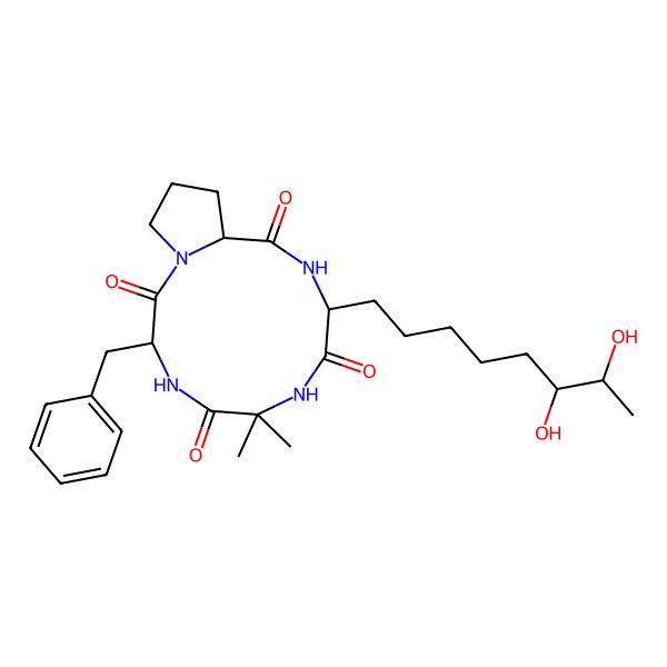 2D Structure of 3-Benzyl-9-(6,7-dihydroxyoctyl)-6,6-dimethyl-1,4,7,10-tetrazabicyclo[10.3.0]pentadecane-2,5,8,11-tetrone