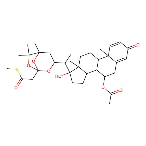 2D Structure of [17-hydroxy-10,13-dimethyl-3-oxo-17-[1-[5,6,6-trimethyl-1-(2-methylsulfanyl-2-oxoethyl)-2,7,8-trioxabicyclo[3.2.1]octan-3-yl]ethyl]-7,8,9,11,12,14,15,16-octahydro-6H-cyclopenta[a]phenanthren-7-yl] acetate