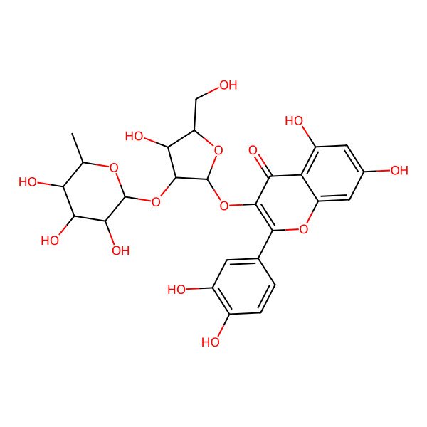 2D Structure of 2-(3,4-dihydroxyphenyl)-5,7-dihydroxy-3-[(2S,3S,4R,5R)-4-hydroxy-5-(hydroxymethyl)-3-[(2S,3S,4R,5R,6R)-3,4,5-trihydroxy-6-methyloxan-2-yl]oxyoxolan-2-yl]oxychromen-4-one