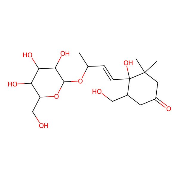 2D Structure of (4R,5S)-4-hydroxy-5-(hydroxymethyl)-3,3-dimethyl-4-[(E,3S)-3-[(2R,3R,4S,5S,6R)-3,4,5-trihydroxy-6-(hydroxymethyl)oxan-2-yl]oxybut-1-enyl]cyclohexan-1-one
