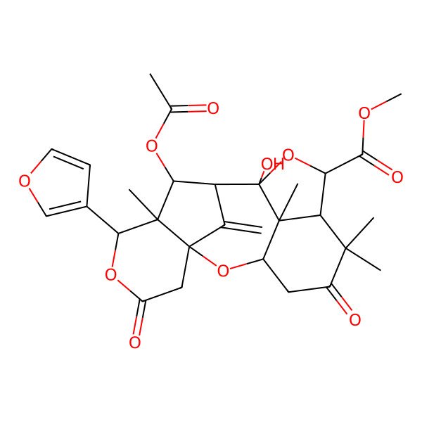 2D Structure of Methyl 12-acetyloxy-14-(furan-3-yl)-10-hydroxy-6,6,13,19-tetramethyl-18-methylidene-5,16-dioxo-2,9,15-trioxapentacyclo[9.6.1.13,7.01,13.010,19]nonadecane-8-carboxylate