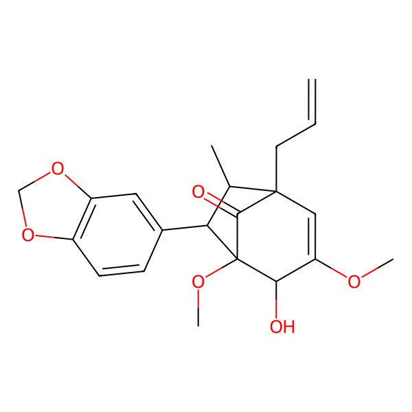 2D Structure of (1S,4R,5S,6S,7R)-6-(1,3-benzodioxol-5-yl)-4-hydroxy-3,5-dimethoxy-7-methyl-1-prop-2-enylbicyclo[3.2.1]oct-2-en-8-one