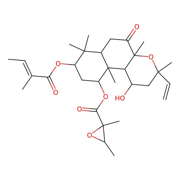 2D Structure of [(1R,3S,4aR,6aR,8S,10R,10aR,10bR)-3-ethenyl-1-hydroxy-3,4a,7,7,10a-pentamethyl-8-[(Z)-2-methylbut-2-enoyl]oxy-5-oxo-1,2,6,6a,8,9,10,10b-octahydrobenzo[f]chromen-10-yl] (2S,3R)-2,3-dimethyloxirane-2-carboxylate
