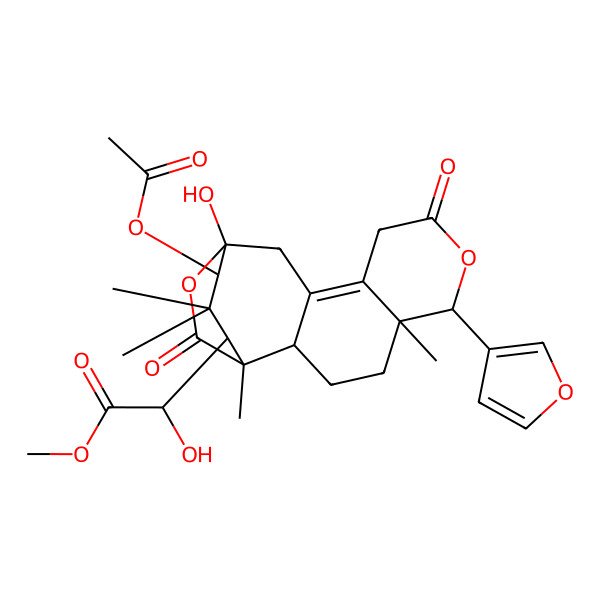 2D Structure of methyl (2R)-2-[(1R,2R,5R,6R,13R,14S,16S)-14-acetyloxy-6-(furan-3-yl)-13-hydroxy-1,5,15,15-tetramethyl-8,17-dioxo-7,18-dioxatetracyclo[11.3.2.02,11.05,10]octadec-10-en-16-yl]-2-hydroxyacetate
