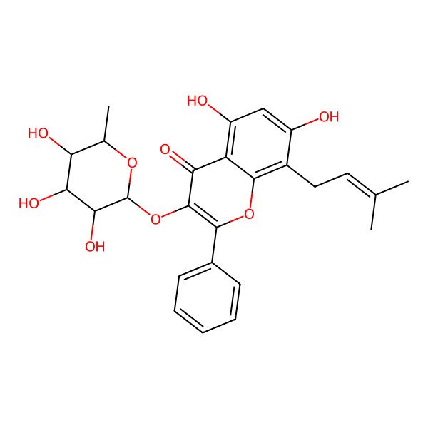 2D Structure of 5,7-dihydroxy-8-(3-methylbut-2-enyl)-2-phenyl-3-[(2S,3S,4S,5S,6R)-3,4,5-trihydroxy-6-methyloxan-2-yl]oxychromen-4-one