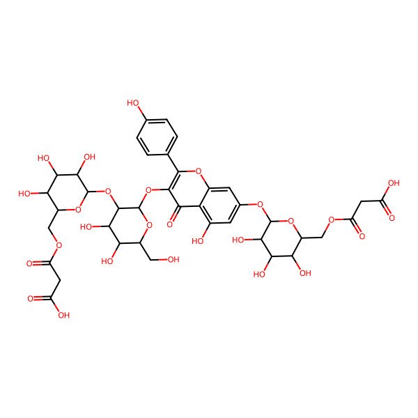 2D Structure of 3-[[6-[2-[7-[6-[(2-Carboxyacetyl)oxymethyl]-3,4,5-trihydroxyoxan-2-yl]oxy-5-hydroxy-2-(4-hydroxyphenyl)-4-oxochromen-3-yl]oxy-4,5-dihydroxy-6-(hydroxymethyl)oxan-3-yl]oxy-3,4,5-trihydroxyoxan-2-yl]methoxy]-3-oxopropanoic acid