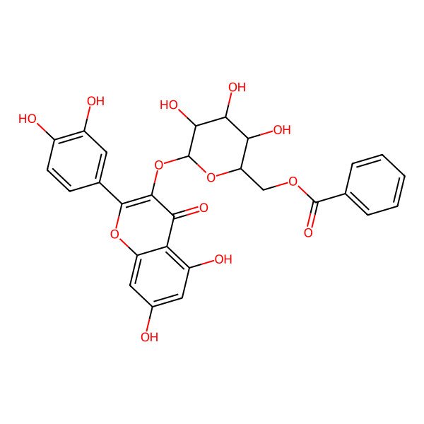 2D Structure of [6-[2-(3,4-Dihydroxyphenyl)-5,7-dihydroxy-4-oxochromen-3-yl]oxy-3,4,5-trihydroxyoxan-2-yl]methyl benzoate