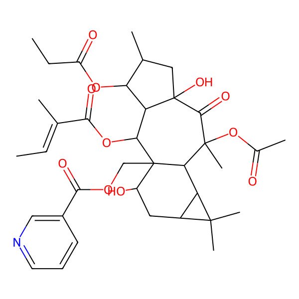 2D Structure of [(1R,2R,3R,4S,5S,7R,9S,10R,11S,13S,15R)-9-acetyloxy-7,15-dihydroxy-5,9,12,12-tetramethyl-2-[(E)-2-methylbut-2-enoyl]oxy-8-oxo-4-propanoyloxy-1-tetracyclo[8.5.0.03,7.011,13]pentadecanyl]methyl pyridine-3-carboxylate