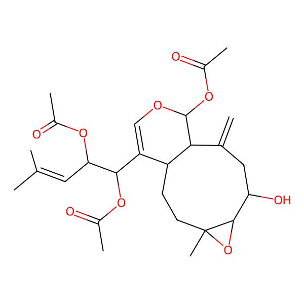 2D Structure of [14-(1,2-Diacetyloxy-4-methylpent-3-enyl)-7-hydroxy-4-methyl-9-methylidene-5,12-dioxatricyclo[8.4.0.04,6]tetradec-13-en-11-yl] acetate