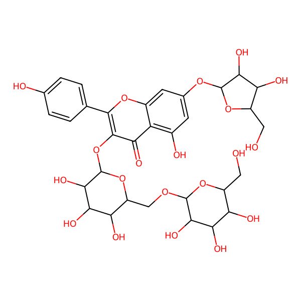 2D Structure of 7-[(2S,3R,4R,5S)-3,4-dihydroxy-5-(hydroxymethyl)oxolan-2-yl]oxy-5-hydroxy-2-(4-hydroxyphenyl)-3-[(2S,3R,4S,5R,6R)-3,4,5-trihydroxy-6-[[(2R,3R,4S,5S,6R)-3,4,5-trihydroxy-6-(hydroxymethyl)oxan-2-yl]oxymethyl]oxan-2-yl]oxychromen-4-one