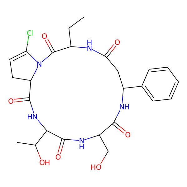 2D Structure of 19-Chloro-3-ethyl-13-(1-hydroxyethyl)-10-(hydroxymethyl)-7-phenyl-1,4,8,11,14-pentazabicyclo[14.3.0]nonadec-18-ene-2,5,9,12,15-pentone
