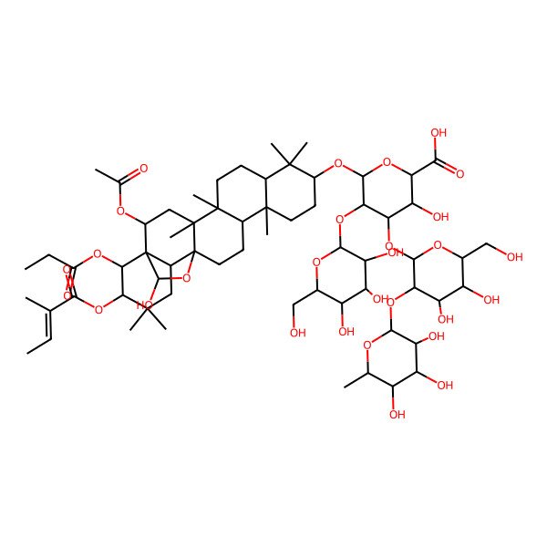 2D Structure of 6-[[2-Acetyloxy-23-hydroxy-4,5,9,9,13,20,20-heptamethyl-21-(2-methylbut-2-enoyloxy)-22-propanoyloxy-24-oxahexacyclo[15.5.2.01,18.04,17.05,14.08,13]tetracosan-10-yl]oxy]-4-[4,5-dihydroxy-6-(hydroxymethyl)-3-(3,4,5-trihydroxy-6-methyloxan-2-yl)oxyoxan-2-yl]oxy-3-hydroxy-5-[3,4,5-trihydroxy-6-(hydroxymethyl)oxan-2-yl]oxyoxane-2-carboxylic acid