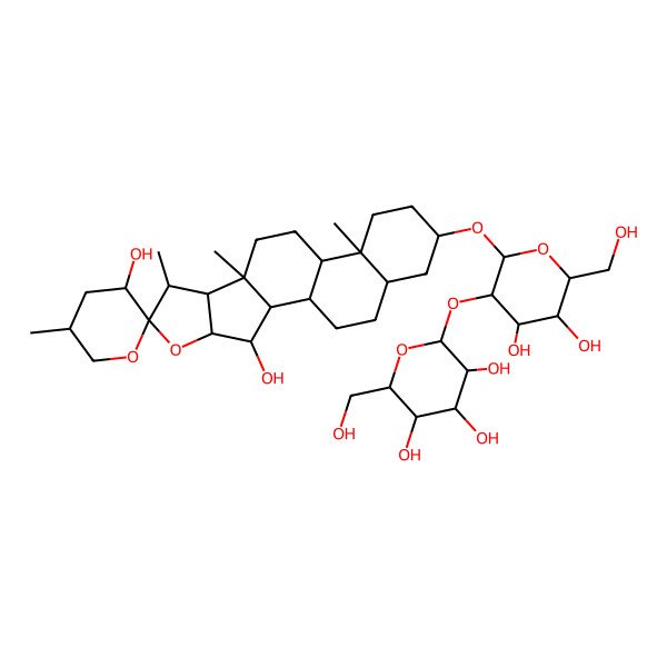 2D Structure of (2S,3R,4S,5S,6R)-2-[(2R,3R,4S,5R,6R)-2-[(1R,2S,3R,3'S,4R,5'S,6S,7S,8R,9S,12S,13S,16S,18R)-3,3'-dihydroxy-5',7,9,13-tetramethylspiro[5-oxapentacyclo[10.8.0.02,9.04,8.013,18]icosane-6,2'-oxane]-16-yl]oxy-4,5-dihydroxy-6-(hydroxymethyl)oxan-3-yl]oxy-6-(hydroxymethyl)oxane-3,4,5-triol