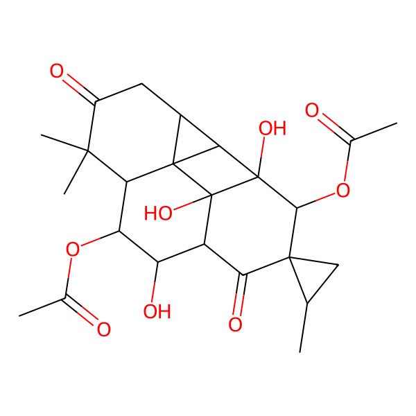 2D Structure of [(1S,1'S,2R,2'R,3'S,7'R,8'S,9'S,10'R,13'R,14'S)-13'-acetyloxy-1',9',14'-trihydroxy-2,2',6',6'-tetramethyl-5',11'-dioxospiro[cyclopropane-1,12'-tetracyclo[8.4.0.02,7.03,14]tetradecane]-8'-yl] acetate