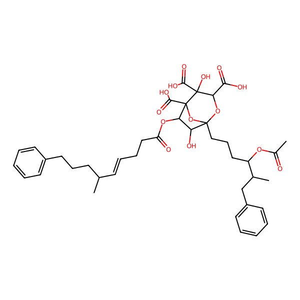 2D Structure of (6R,7R)-1-[(4R,5R)-4-acetyloxy-5-methyl-6-phenylhexyl]-4,7-dihydroxy-6-[(E,6R)-6-methyl-9-phenylnon-4-enoyl]oxy-2,8-dioxabicyclo[3.2.1]octane-3,4,5-tricarboxylic acid