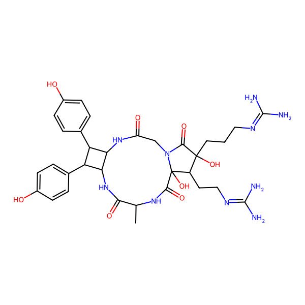 2D Structure of 2-[3-[15-[2-(Diaminomethylideneamino)ethyl]-14,16-dihydroxy-6,7-bis(4-hydroxyphenyl)-11-methyl-3,10,13,17-tetraoxo-1,4,9,12-tetrazatricyclo[12.3.0.05,8]heptadecan-16-yl]propyl]guanidine