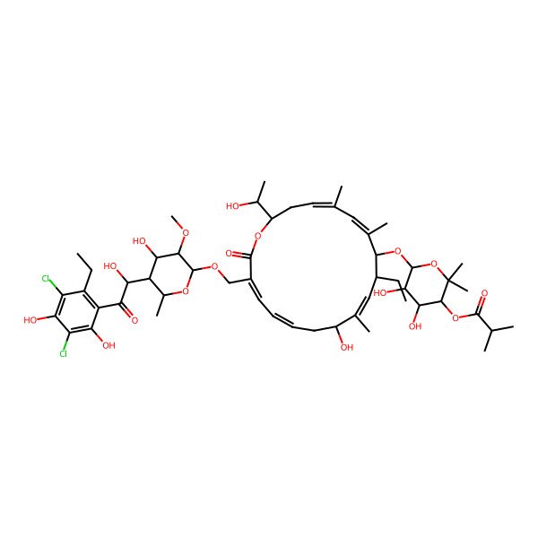 2D Structure of [6-[[(4Z,6Z,10Z,14Z,16Z)-17-[[5-[2-(3,5-dichloro-2-ethyl-4,6-dihydroxyphenyl)-1-hydroxy-2-oxoethyl]-4-hydroxy-3-methoxy-6-methyloxan-2-yl]oxymethyl]-9-ethyl-12-hydroxy-2-(1-hydroxyethyl)-5,7,11-trimethyl-18-oxo-1-oxacyclooctadeca-4,6,10,14,16-pentaen-8-yl]oxy]-4,5-dihydroxy-2,2-dimethyloxan-3-yl] 2-methylpropanoate