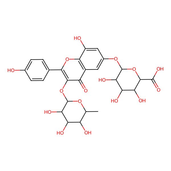 2D Structure of (2S,3R,4S,5R,6S)-3,4,5-trihydroxy-6-[8-hydroxy-2-(4-hydroxyphenyl)-4-oxo-3-[(2S,3R,4R,5R,6S)-3,4,5-trihydroxy-6-methyloxan-2-yl]oxychromen-6-yl]oxyoxane-2-carboxylic acid