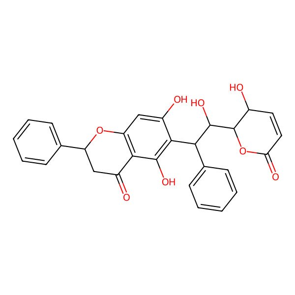2D Structure of (2S)-5,7-dihydroxy-6-[(1S,2R)-2-hydroxy-2-[(2R,3S)-3-hydroxy-6-oxo-2,3-dihydropyran-2-yl]-1-phenylethyl]-2-phenyl-2,3-dihydrochromen-4-one