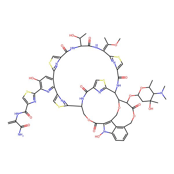 2D Structure of N-(3-amino-3-oxoprop-1-en-2-yl)-2-[30-[5-(dimethylamino)-4-hydroxy-4,6-dimethyloxan-2-yl]oxy-9,52-dihydroxy-18-(1-hydroxyethyl)-21-(1-methoxyethylidene)-16,19,26,31,42,46-hexaoxo-32,43,54-trioxa-3,13,23,49-tetrathia-7,17,20,27,45,51,52,55,56,57-decazadecacyclo[26.16.6.229,40.12,5.112,15.122,25.138,41.147,50.06,11.034,39]heptapentaconta-2(57),4,6,8,10,12(56),14,22(55),24,34(39),35,37,40,47,50-pentadecaen-8-yl]-1,3-thiazole-4-carboxamide