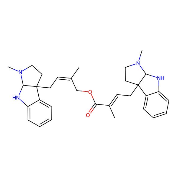 2D Structure of [2-Methyl-4-(3-methyl-1,2,3a,4-tetrahydropyrrolo[2,3-b]indol-8b-yl)but-2-enyl] 2-methyl-4-(3-methyl-1,2,3a,4-tetrahydropyrrolo[2,3-b]indol-8b-yl)but-2-enoate