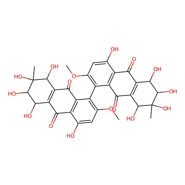 2D Structure of 1,2,3,4,8-pentahydroxy-6-methoxy-3-methyl-5-(4,5,6,7,8-pentahydroxy-2-methoxy-7-methyl-9,10-dioxo-6,8-dihydro-5H-anthracen-1-yl)-2,4-dihydro-1H-anthracene-9,10-dione 2D Structure of 1,2,3,4,8-pentahydroxy-6-methoxy-3-methyl-5-(4,5,6,7,8-pentahydroxy-2-methoxy-7-methyl-9,10-dioxo-6,8-dihydro-5H-anthracen-1-yl)-2,4-dihydro-1H-anthracene-9,10-dione