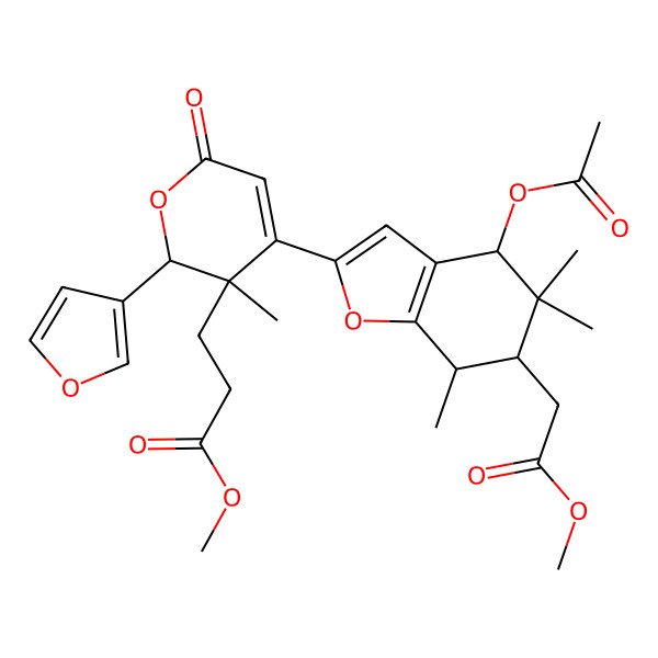 2D Structure of methyl 3-[4-[4-acetyloxy-6-(2-methoxy-2-oxoethyl)-5,5,7-trimethyl-6,7-dihydro-4H-1-benzofuran-2-yl]-2-(furan-3-yl)-3-methyl-6-oxo-2H-pyran-3-yl]propanoate