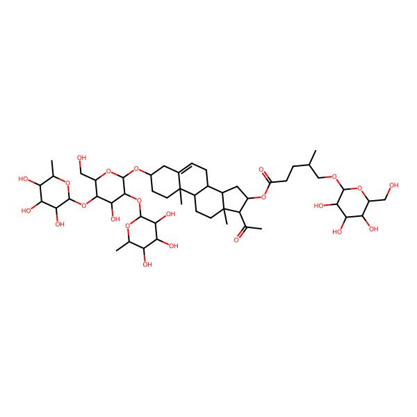 2D Structure of 16beta-(4'-methyl-5'-O-beta-D-glucopyranosyl-pentanoxy)-pregn-5-en-3beta-ol-20-one 3-O-alpha-L-rhamnopyranosyl-(1-2)-[alpha-L-rhamnopyranosyl-(1-4)]-beta-D-glucopyranoside