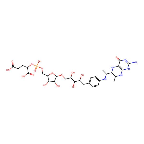 2D Structure of (2S)-2-[[(2R,3S,4R,5S)-5-[(2R,3S,4S)-5-[4-[[(1R)-1-[(7S)-2-amino-7-methyl-4-oxo-5,6,7,8-tetrahydro-1H-pteridin-6-yl]ethyl]amino]phenyl]-2,3,4-trihydroxypentoxy]-3,4-dihydroxyoxolan-2-yl]methoxy-hydroxyphosphoryl]oxypentanedioic acid