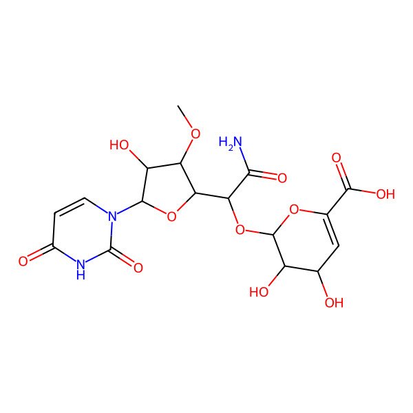 2D Structure of (2S,3S,4S)-2-[(1R)-2-amino-1-[(2S,3S,4R,5R)-5-(2,4-dioxopyrimidin-1-yl)-4-hydroxy-3-methoxy-tetrahydrofuran-2-yl]-2-oxo-ethoxy]-3,4-dihydroxy-3,4-dihydro-2H-pyran-6-carboxylic acid