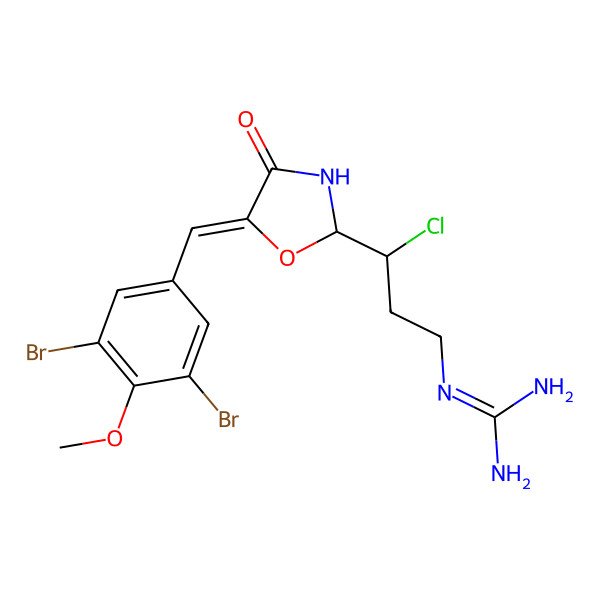 2D Structure of 2-[(3S)-3-chloro-3-[(2S,5Z)-5-[(3,5-dibromo-4-methoxyphenyl)methylidene]-4-oxo-1,3-oxazolidin-2-yl]propyl]guanidine