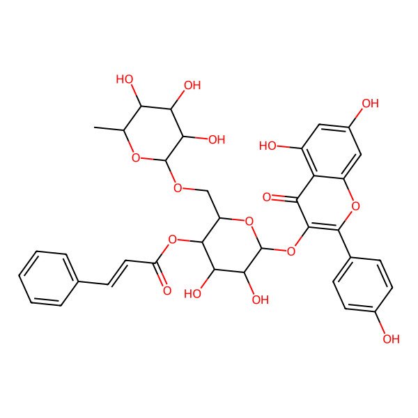 2D Structure of [(2R,3R,4R,5R,6S)-6-[5,7-dihydroxy-2-(4-hydroxyphenyl)-4-oxochromen-3-yl]oxy-4,5-dihydroxy-2-[[(2R,3R,4R,5R,6S)-3,4,5-trihydroxy-6-methyloxan-2-yl]oxymethyl]oxan-3-yl] (E)-3-phenylprop-2-enoate