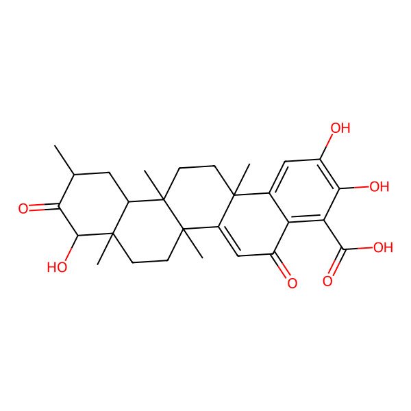 2D Structure of (6aS,6bS,8aR,9S,11R,12aS,14aR)-2,3,9-trihydroxy-6a,6b,8a,11,14a-pentamethyl-5,10-dioxo-7,8,9,11,12,12a,13,14-octahydropicene-4-carboxylic acid