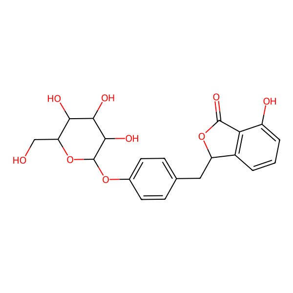 2D Structure of (3S)-7-hydroxy-3-[[4-[(2S,3R,4S,5S,6R)-3,4,5-trihydroxy-6-(hydroxymethyl)oxan-2-yl]oxyphenyl]methyl]-3H-2-benzofuran-1-one