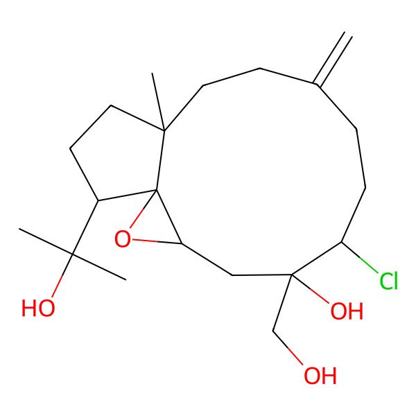2D Structure of (1S,3R,5R,6R,12R,15R)-6-chloro-5-(hydroxymethyl)-15-(2-hydroxypropan-2-yl)-12-methyl-9-methylidene-2-oxatricyclo[10.3.0.01,3]pentadecan-5-ol