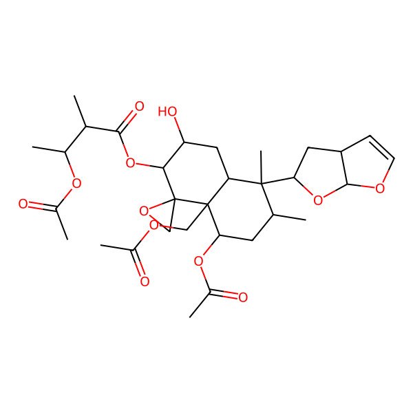 2D Structure of [(1R,2S,3R,4aR,5S,6R,8S,8aR)-5-[(3aS,5S,6aS)-3a,4,5,6a-tetrahydrofuro[2,3-b]furan-5-yl]-8-acetyloxy-8a-(acetyloxymethyl)-3-hydroxy-5,6-dimethylspiro[3,4,4a,6,7,8-hexahydro-2H-naphthalene-1,2'-oxirane]-2-yl] (2R,3S)-3-acetyloxy-2-methylbutanoate