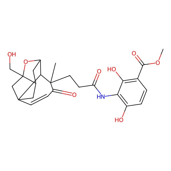 2D Structure of Methyl 2,4-dihydroxy-3-[3-[9-(hydroxymethyl)-5-methyl-4-oxo-8-oxatetracyclo[7.2.1.17,10.01,6]tridec-2-en-5-yl]propanoylamino]benzoate