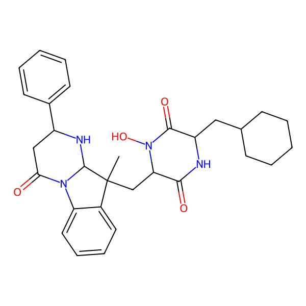 2D Structure of 3-(Cyclohexylmethyl)-1-hydroxy-6-[(10-methyl-4-oxo-2-phenyl-1,2,3,10a-tetrahydropyrimido[1,2-a]indol-10-yl)methyl]piperazine-2,5-dione