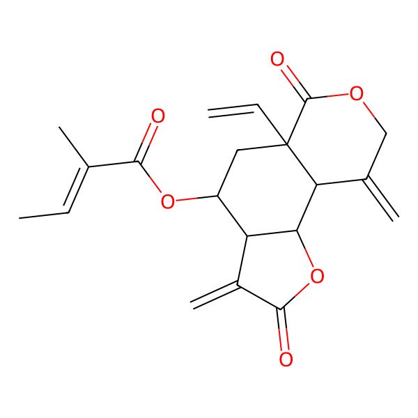 2D Structure of [(3aR,4S,5aR,9aS,9bR)-5a-ethenyl-3,9-dimethylidene-2,6-dioxo-4,5,9a,9b-tetrahydro-3aH-furo[2,3-f]isochromen-4-yl] (E)-2-methylbut-2-enoate
