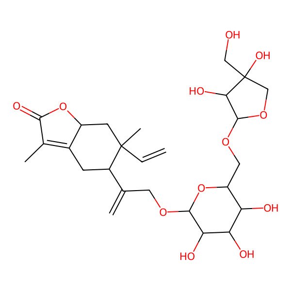 2D Structure of 5-[3-[6-[[3,4-Dihydroxy-4-(hydroxymethyl)oxolan-2-yl]oxymethyl]-3,4,5-trihydroxyoxan-2-yl]oxyprop-1-en-2-yl]-6-ethenyl-3,6-dimethyl-4,5,7,7a-tetrahydro-1-benzofuran-2-one