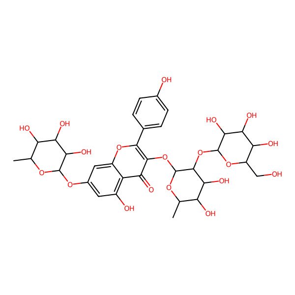2D Structure of 3-[(3S,4S,5S,6R)-4,5-dihydroxy-6-methyl-3-[(3R,4S,5S,6R)-3,4,5-trihydroxy-6-(hydroxymethyl)oxan-2-yl]oxyoxan-2-yl]oxy-5-hydroxy-2-(4-hydroxyphenyl)-7-[(3R,4R,5R,6S)-3,4,5-trihydroxy-6-methyloxan-2-yl]oxychromen-4-one