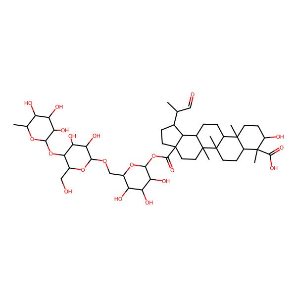 2D Structure of (1R,3aS,5aR,5bR,7aR,8S,9R,11aR,11bR,13aR,13bR)-3a-[(2S,3R,4S,5S,6R)-6-[[(2R,3R,4R,5S,6R)-3,4-dihydroxy-6-(hydroxymethyl)-5-[(2S,3R,4R,5R,6S)-3,4,5-trihydroxy-6-methyloxan-2-yl]oxyoxan-2-yl]oxymethyl]-3,4,5-trihydroxyoxan-2-yl]oxycarbonyl-9-hydroxy-5a,5b,8,11a-tetramethyl-1-[(2S)-1-oxopropan-2-yl]-1,2,3,4,5,6,7,7a,9,10,11,11b,12,13,13a,13b-hexadecahydrocyclopenta[a]chrysene-8-carboxylic acid