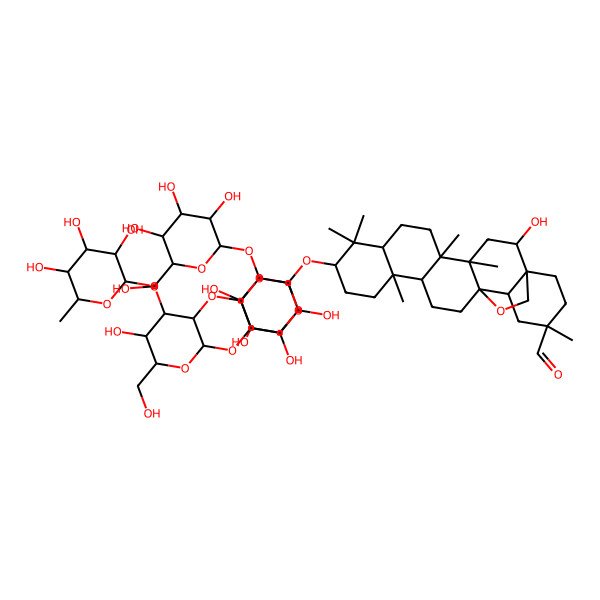 2D Structure of 2-Hydroxy-10-[4-hydroxy-5-[5-hydroxy-6-(hydroxymethyl)-4-(3,4,5-trihydroxy-6-methyloxan-2-yl)oxy-3-(3,4,5-trihydroxyoxan-2-yl)oxyoxan-2-yl]oxy-3-[3,4,5-trihydroxy-6-(hydroxymethyl)oxan-2-yl]oxyoxan-2-yl]oxy-4,5,9,9,13,20-hexamethyl-24-oxahexacyclo[15.5.2.01,18.04,17.05,14.08,13]tetracosane-20-carbaldehyde