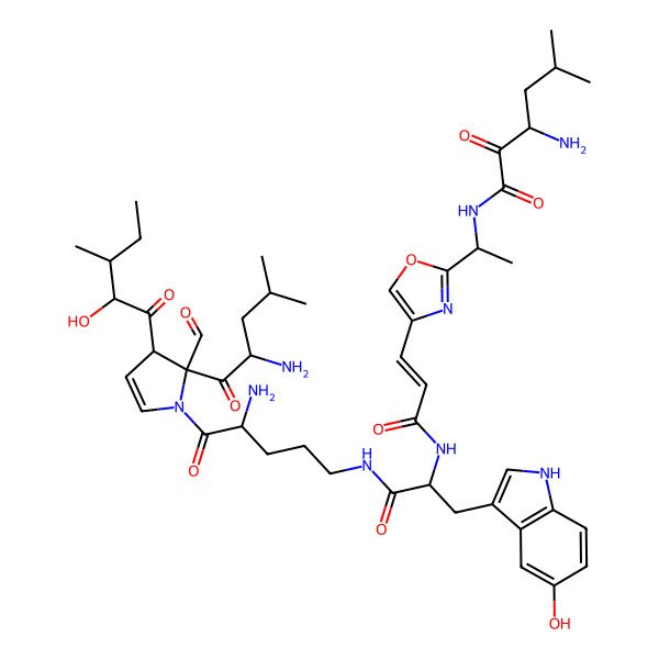 2D Structure of 3-amino-N-[1-[4-[(E)-3-[[(2S)-1-[[(4S)-4-amino-5-[(2S)-2-[(2S)-2-amino-4-methylpentanoyl]-2-formyl-3-(2-hydroxy-3-methylpentanoyl)-3H-pyrrol-1-yl]-5-oxopentyl]amino]-3-(5-hydroxy-1H-indol-3-yl)-1-oxopropan-2-yl]amino]-3-oxoprop-1-enyl]-1,3-oxazol-2-yl]ethyl]-5-methyl-2-oxohexanamide