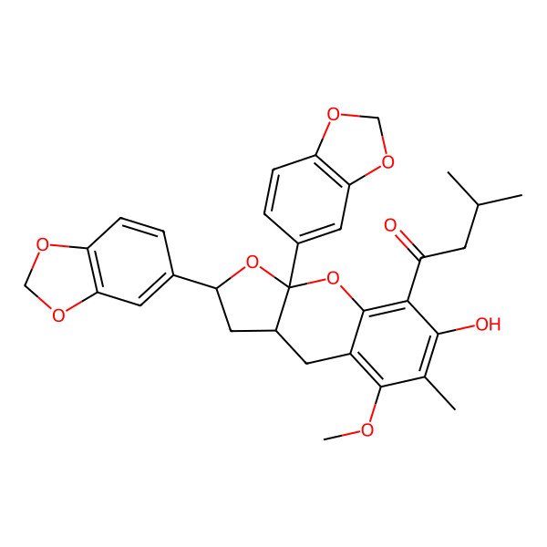 2D Structure of 1-[2,9a-Bis(1,3-benzodioxol-5-yl)-7-hydroxy-5-methoxy-6-methyl-2,3,3a,4-tetrahydrofuro[2,3-b]chromen-8-yl]-3-methylbutan-1-one
