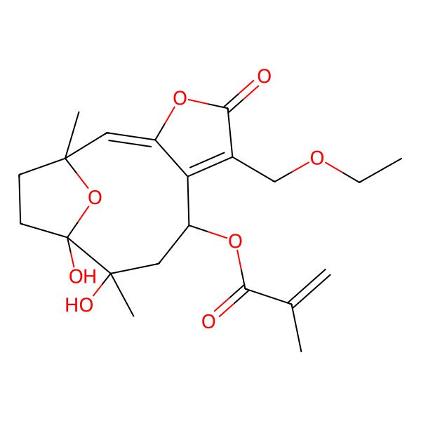 2D Structure of [6-(Ethoxymethyl)-10,11-dihydroxy-1,10-dimethyl-5-oxo-4,14-dioxatricyclo[9.2.1.03,7]tetradeca-2,6-dien-8-yl] 2-methylprop-2-enoate