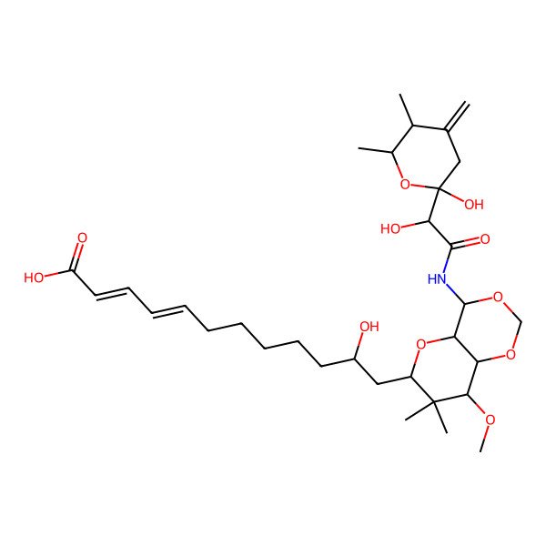 2D Structure of (2E,4E,11R)-12-[(4S,4aR,6R,8S,8aR)-4-[[(2S)-2-hydroxy-2-[(2R,5R,6R)-2-hydroxy-5,6-dimethyl-4-methylideneoxan-2-yl]acetyl]amino]-8-methoxy-7,7-dimethyl-4a,6,8,8a-tetrahydro-4H-pyrano[3,2-d][1,3]dioxin-6-yl]-11-hydroxydodeca-2,4-dienoic acid