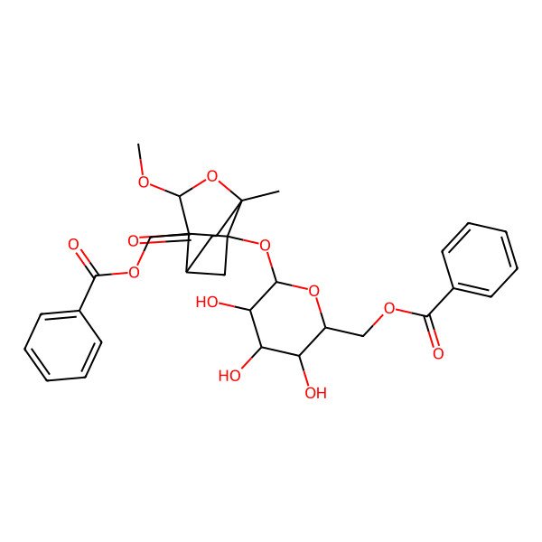 2D Structure of [(2R,3S,4S,5R,6S)-6-[[9-(benzoyloxymethyl)-8-methoxy-6-methyl-4-oxo-7-oxatricyclo[4.3.0.03,9]nonan-1-yl]oxy]-3,4,5-trihydroxyoxan-2-yl]methyl benzoate